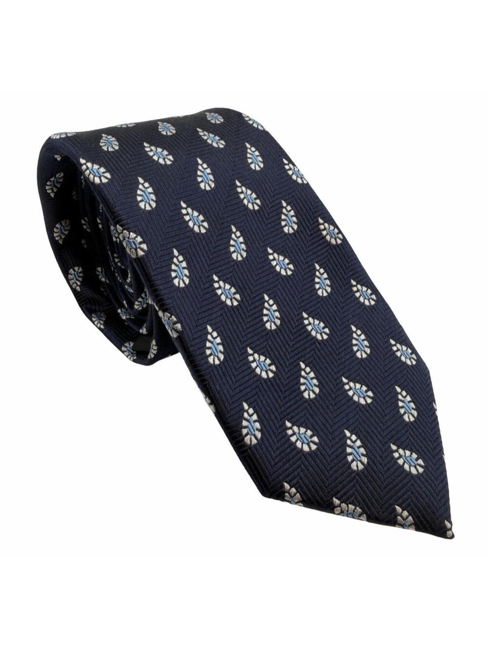 ZEGNA Silk Neck Tie Herringbone Paisley Skinny Navy Blue 2.6" W | 59" L